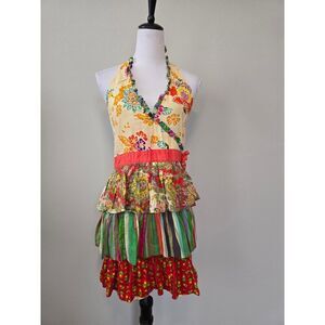 Boho Y2K Multi Print Halter Apron Top Ruffle Layered Festival Size L Hippie